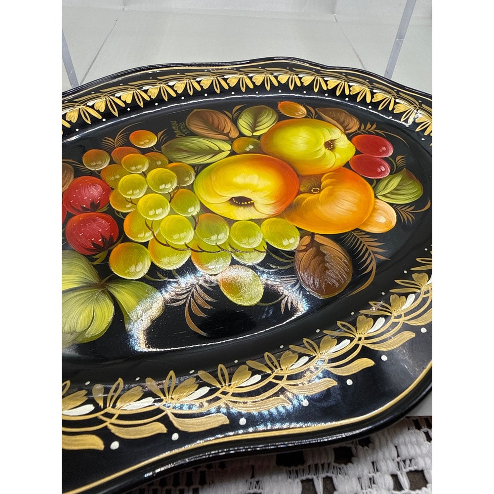 Russian Zhostovo Vintage Tole Tray Strawberry Black Gold Floral and Fruit 11.75" - Picture 10 of 10